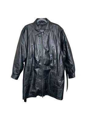 Vintage 90s Wilson's Black Leather Zip Jacket Sz XL-XXL Mid Length Belted Coat